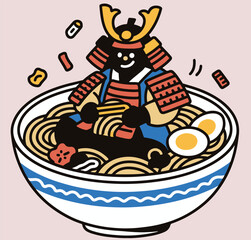 Cute Samurai Sitting Inside Ramen Bowl Vector Illustration