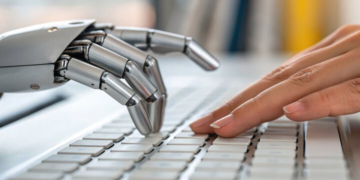 Human collaboration with robot typing on keyboard presents an economic risk because ai technology evolving rapidly creating futuristic partnership and innovation