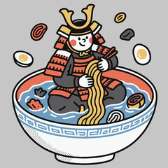 Cute Samurai Sitting Inside Ramen Bowl Vector Illustration