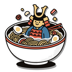 Funny Samurai Relaxing in Ramen Noodle Bowl Vector Art