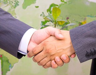 Businessmen shaking hands, global map background