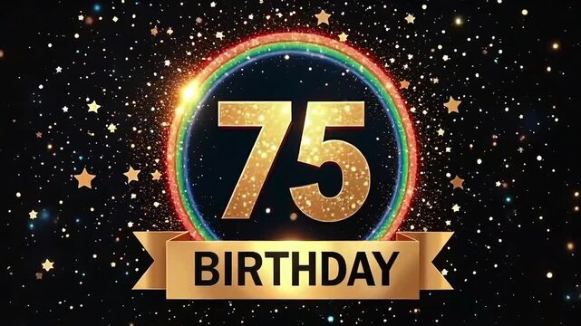 Colorful 75th birthday celebration with glittery golden 75, rainbow ring, and sparkling confetti on dark festive background
