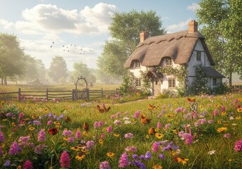 A charming thatched-roof cottage sits amidst a vibrant meadow filled with wildflowers, bathed in soft sunlight and gentle mist.