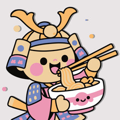 Cute Samurai Eating Ramen Noodles Kawaii Vector Illustration