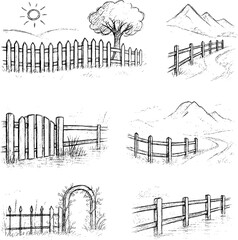 Naklejka premium Fences Blending Into Conceptual Landscapes Pencil Sketch Vector Icons Set