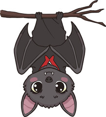 Cute cartoon bat hanging upside down from branch, funny Halloween vampire bat illustration with big eyes and fangs, spooky kids party artwork