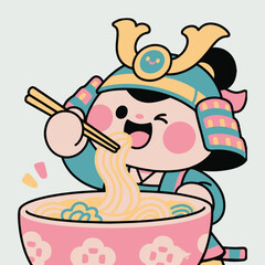 Cute Samurai Eating Ramen Noodles Kawaii Vector Illustration