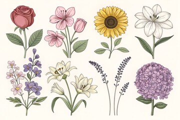 Assorted botanical illustration featuring rose sunflower lily and hydrangea blooms