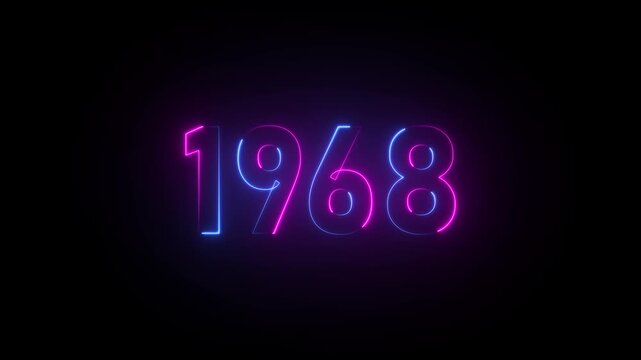 Neon sign displaying the year 1968 in blue and pink glowing letters on a black background number