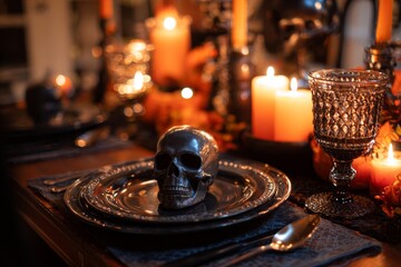 A dark and atmospheric dining table features flickering candles, a silver skull centerpiece, and rich autumn decorations, creating an eerie yet inviting scene for a gathering