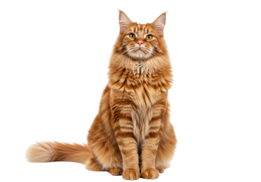 Isolated ginger Maine Coon cat looking forward, sitting pose in studio, full length view