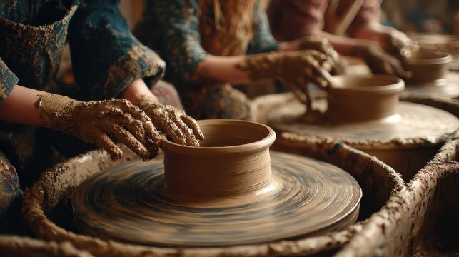 group of kids in a pottery class their hands covered in clay as they shape bowls and vases on spinning pottery wheels