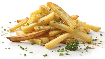 Crispy golden french fries seasoned with herbs and spices heap appetizing fast food snack photography