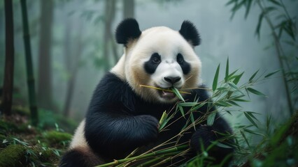 Naklejka premium Panda eating bamboo in forest (2)