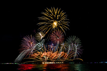 Firework show at night with explosive effects in different tone of color and styles.