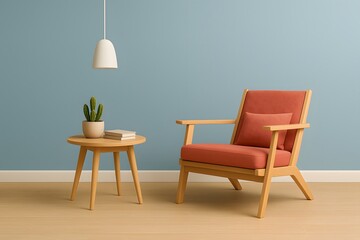 Modern Living Room with Light Wooden Armchair, Coral Cushion, and Minimalist Side Table