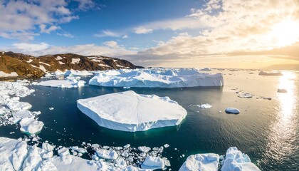 Icebergs in arctic bay at sunset