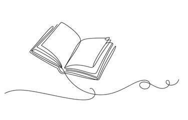 Single line drawing of open book with abstract swirl element learning concept vector