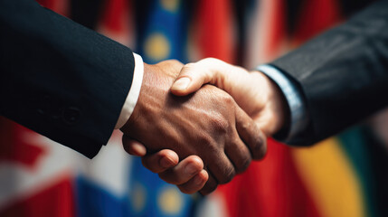 Diverse hands shaking symbolizing partnership and cooperation in front of various national flags representing global unity and diplomacy in a formal setting.