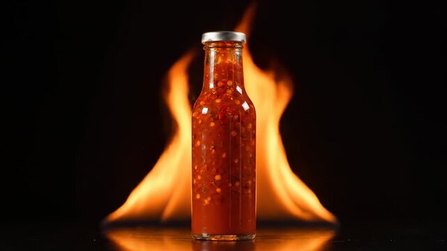 Hot Chili Sauce Bottle in Flames - A glass bottle of spicy chili sauce stands before a fiery background, highlighting the product's heat and intensity.