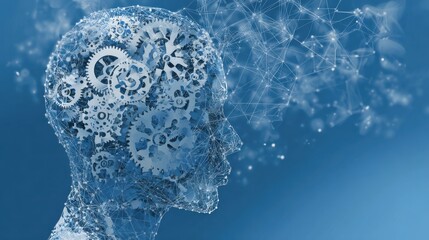 human head silhouette with gears inside and a digital network of connections across a blue background representing the fusion of human intelligence