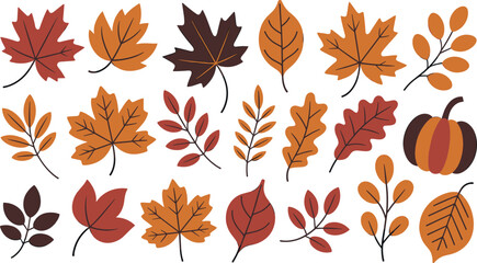 Fototapeta premium Autumn leaves collection, fall foliage illustration, seasonal leaf set, pumpkin decoration, colorful nature elements, thanksgiving design, rustic botanical artwork, harvest celebration clipart