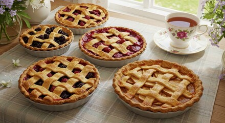 A delightful array of fruit pies, showcasing lattice-top crusts and various fillings, arranged attractively on a tablecloth, with a cup of tea nearby.
