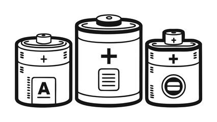 Three different types of batteries in a row black and white line art