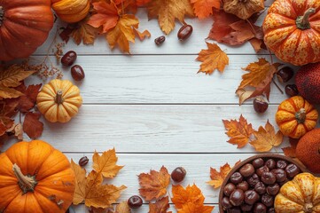 Fall Arrangement with Space for Text on White Wood Surface. Seasonal Recipes Featuring Pumpkin and Chestnuts. Journal and Daily Habits. Theme of Seasonal Transition. Cozy Autumn Atmosphere