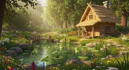 A sunlit woodland scene portrays a charming wooden cottage nestled beside a tranquil pond, filled with lively frogs.