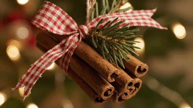 Cinnamon Stick Christmas Ornament - Close-up of a rustic Christmas ornament made from cinnamon sticks tied with a red and white gingham ribbon and adorned with a sprig of pine.