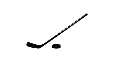 A black hockey stick and puck against a stark white background silhouette