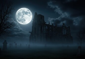 A large, full moon casts a somber glow over a ruined abbey, shrouded in a misty graveyard at night.