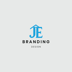 A logo combining a house and flat buildings with the initials “JE”, symbolizing real estate, property development, and modern living. Perfect for real estate agencies, housing projects, apartment comp