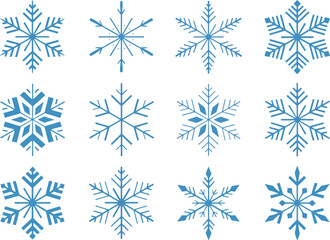 Collection of twelve blue snowflake icons on a white background Keywords: snowflake, snow, winter, ice, cold, crystal, frost, design, icon, symbol