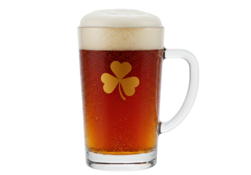 Isolated beer mug with shamrock emblem filled with a cold, golden beverage and thick head