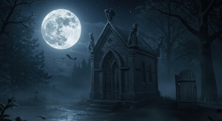 A gothic mausoleum stands sentinel under a full moon, shrouded in a misty night.