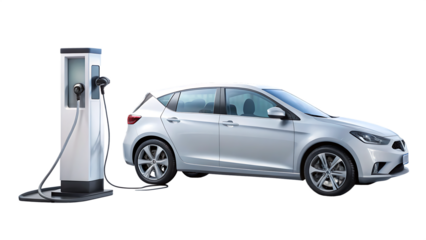 3D Modern EV Charging Station with Electric Car on White & Transparent Background