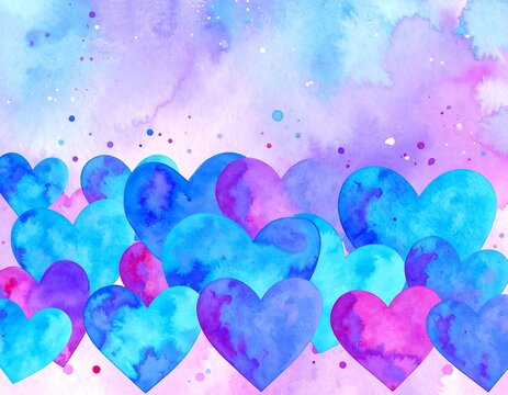 Watercolor hearts in vibrant blues and pinks on a soft, pastel background