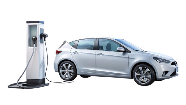 3D Modern EV Charging Station with Electric Car on White & Transparent Background