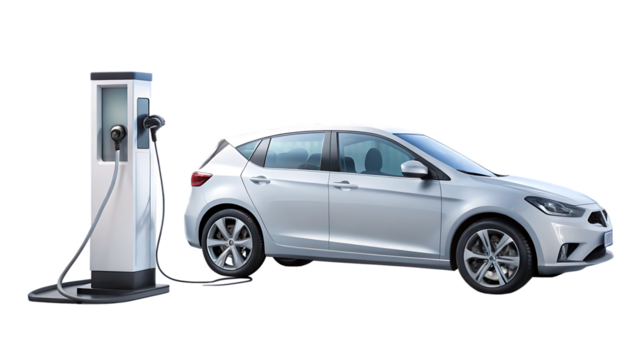 3D Modern EV Charging Station with Electric Car on White & Transparent Background