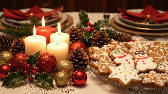 Festive Christmas Table Setting with Candles and Sweets - A beautifully decorated Christmas table features burning candles, festive ornaments, holly, pine cones, and delicious gingerbread cookies