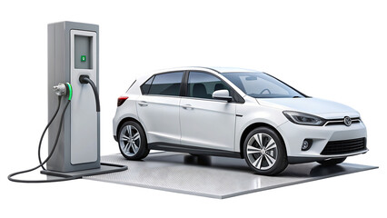 3D Modern EV Charging Station with Electric Car on White & Transparent Background