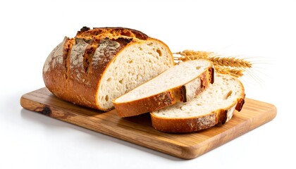 Sliced bread on a wooden board with wheat