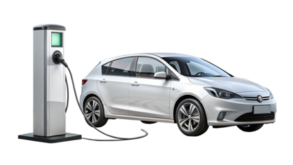 3D Modern EV Charging Station with Electric Car on White & Transparent Background