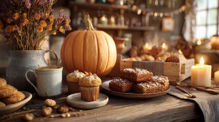 Naklejka premium cozy autumn scene with pumpkin and baked goods