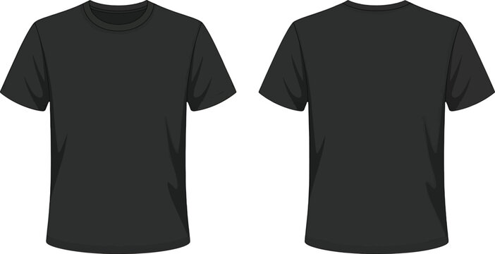 Front and back view of a plain black short-sleeved t-shirt on a white background clothing apparel