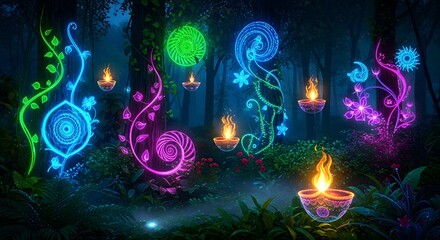 Obraz premium Vibrant magical forest scene with glowing vines, abstract shapes, and traditional oil lamps illuminating the dark woodland.