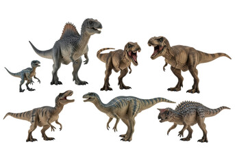 Detailed, realistic plastic dinosaur toys in various dynamic poses, isolated on white with copy space, soft studio light. Educational paleontology concept