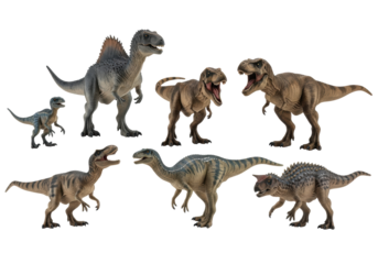 Detailed, realistic plastic dinosaur toys in various dynamic poses, isolated on white with copy space, soft studio light. Educational paleontology concept